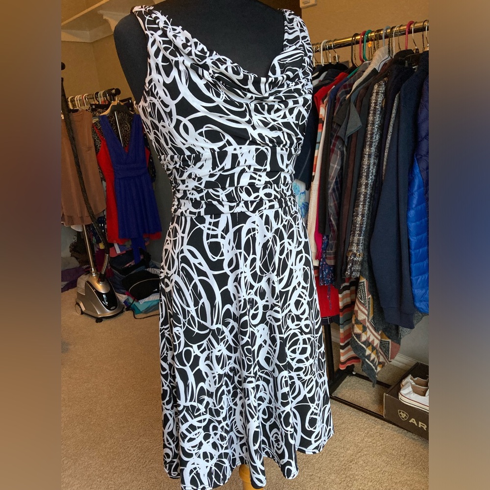 WHBM cowl neck midi sleeveless dress, black and white, size 6